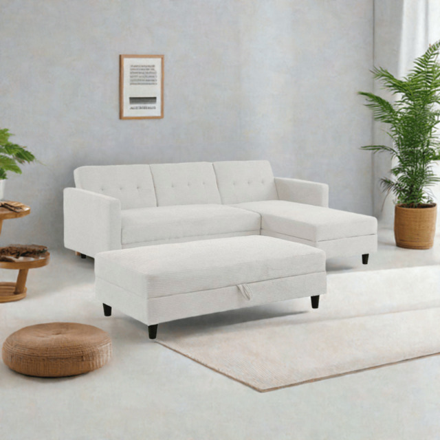 Avery Reversible White Corduroy Corner Sofa With Storage Chaise and Ottoman Bench, Full Set With Ottoman Bench