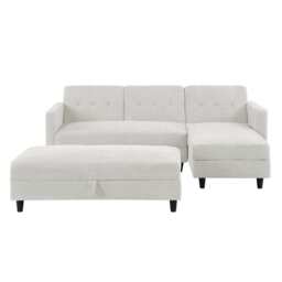 Avery Reversible White Corduroy Corner Sofa With Storage Chaise and Ottoman Bench, Full Set With Ottoman Bench - thumbnail 2