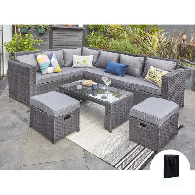 Barcelona Black Modular 8 Seater Rattan Corner Sofa Set, No Scatter Cushion / With Rain Cover