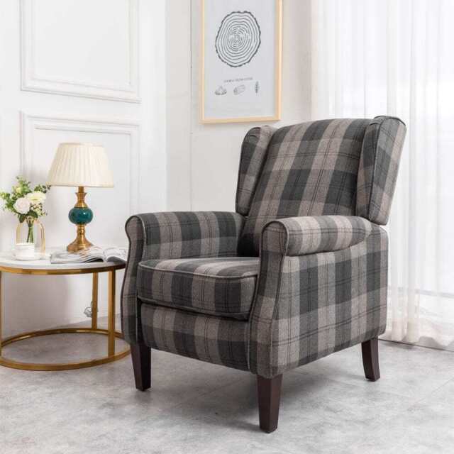 Ascot Wingback Fabric Recliner Chair In Grey/Cream/Blue/Red Tartan, Grey - image 1