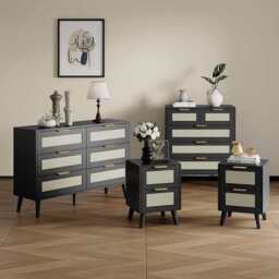 Boho 4pcs Rattan Decorated Bedroom Set With Chest And Bedside, Black - thumbnail 2