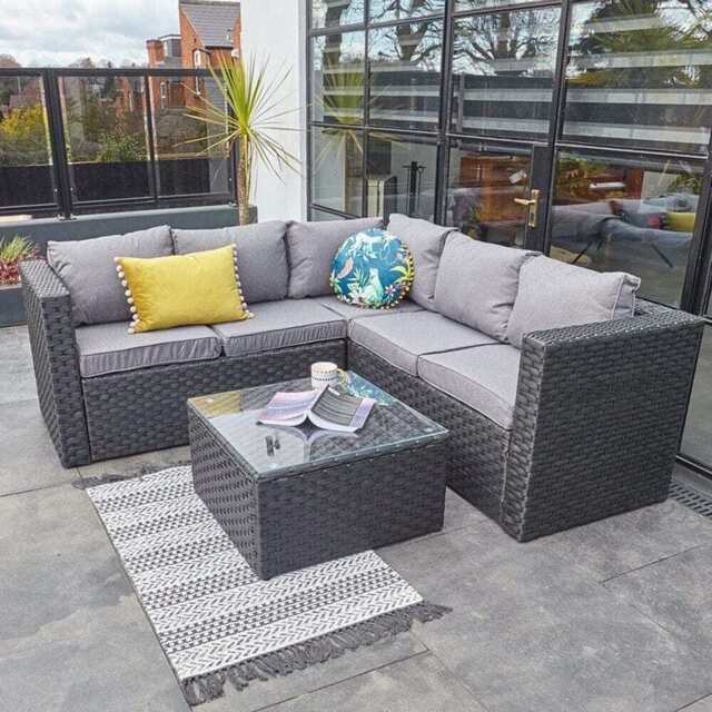 Vancouver 5 Seater Black Rattan Corner Sofa Patio Set, Without Rain Cover