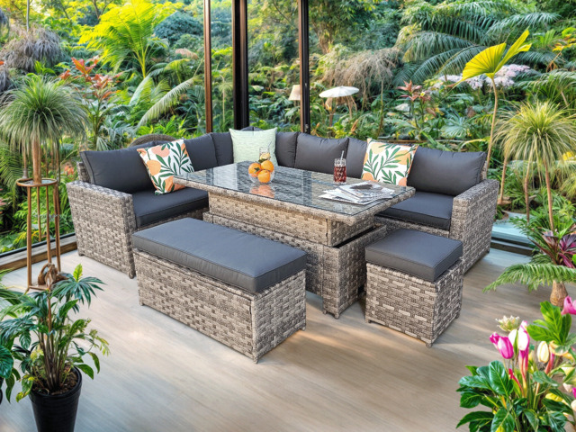Barcelona 9 Seater Rattan Garden Dining Set with Rising Table In Grey, With Rain Cover