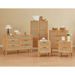 Boho 5‑Piece Rattan Bedroom Wardrobe Set with Chests and Bedside Cabinets