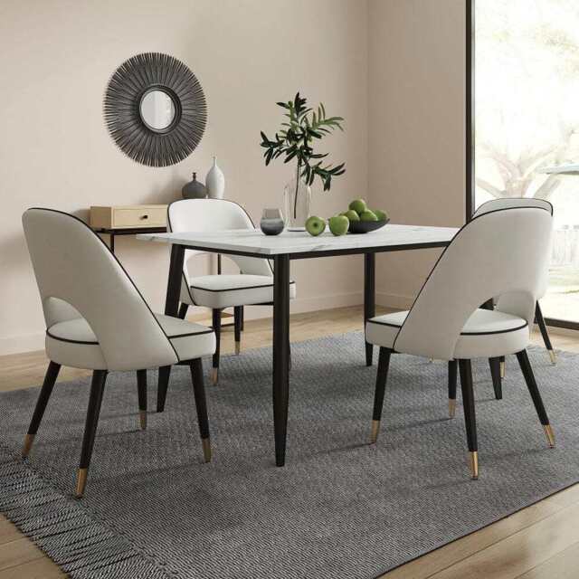 Lisa 120CM Rectangle Marbled Effect Dining Table Set With 4 Chairs, Beige