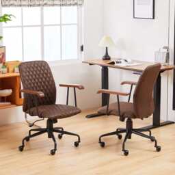 Brown Suede Fabric Swivel Office Chair Adjustable Chair with Armrest - thumbnail 4