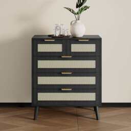 Boho 3+2 Drawers Chest Rattan Decorated Storage Cabinet, Black - thumbnail 1
