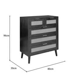 Boho 3+2 Drawers Chest Rattan Decorated Storage Cabinet, Black - thumbnail 9