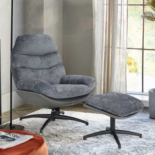 Manu Boucle Recliner Swivel Armchair With Footstool, Grey - image 1