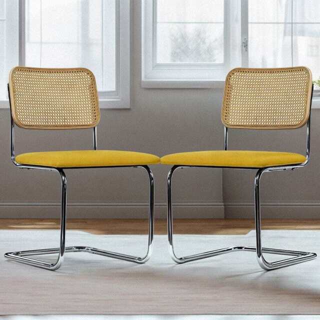 Set Of 2 Boho Velvet Dining Chair With Rattan Backrest, Mustard - image 1