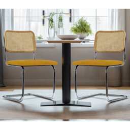 Set Of 2 Boho Velvet Dining Chair With Rattan Backrest, Mustard - thumbnail 2