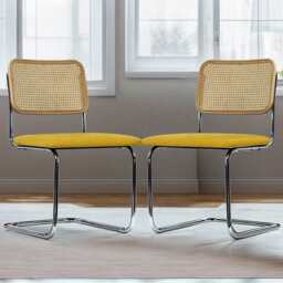 Set Of 2 Boho Velvet Dining Chair With Rattan Backrest, Mustard