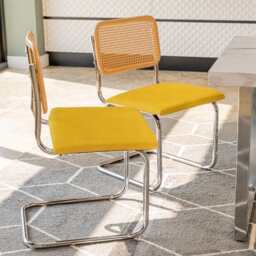 Set Of 2 Boho Velvet Dining Chair With Rattan Backrest, Mustard - thumbnail 4
