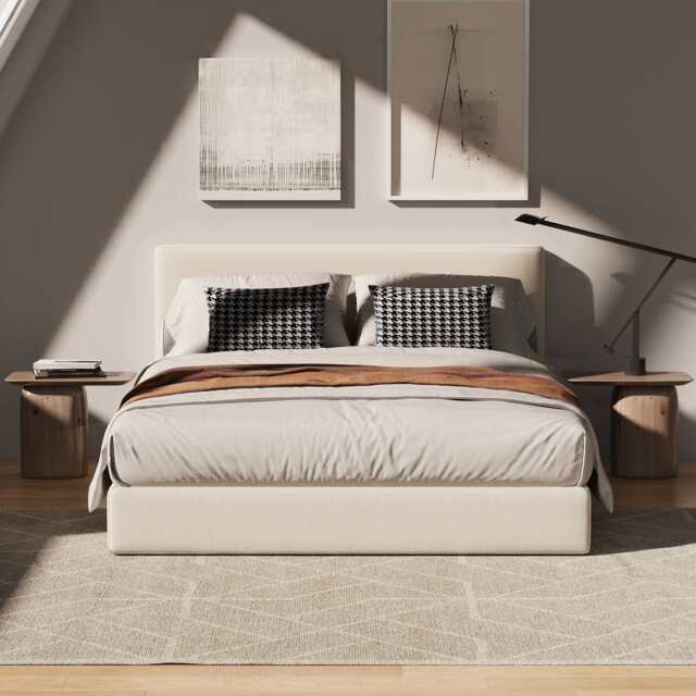 Marshmuff Linen Bed Frame With Headboard King Bed or Double Bed, Double Size Frame / Beige