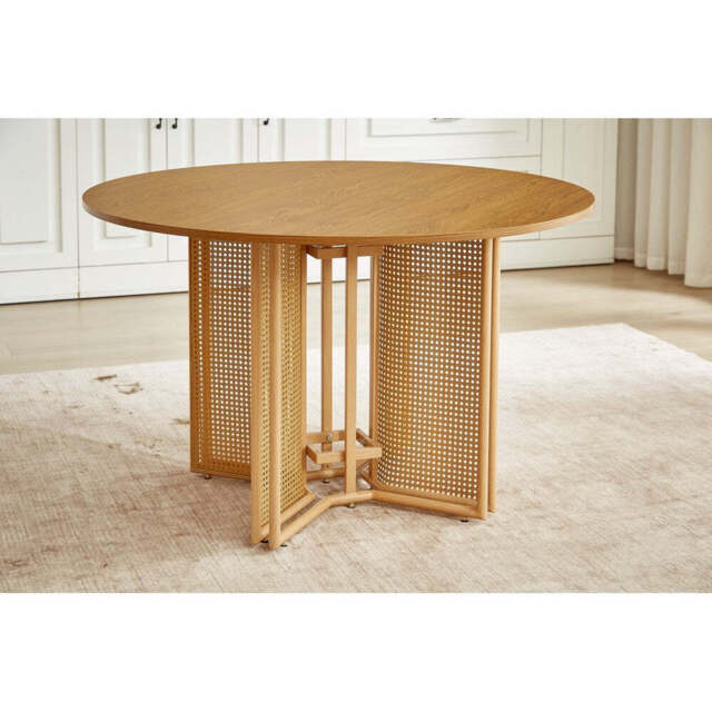 Boho Round Rattan Dining Table Set with 4 Velvet Upholstered Chairs, Dining Table Only - image 1