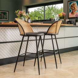 Set Of 2 Boho PE Rattan Bar Stool Bar Chairs With PU Or Boucle Upholstery, Black - thumbnail 1