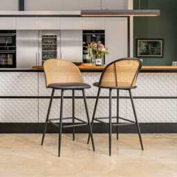 Set Of 2 Boho PE Rattan Bar Stool Bar Chairs With PU Or Boucle Upholstery, Black - thumbnail 2