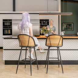 Set Of 2 Boho PE Rattan Bar Stool Bar Chairs With PU Or Boucle Upholstery, Black - thumbnail 4