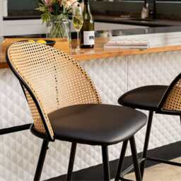 Set Of 2 Boho PE Rattan Bar Stool Bar Chairs With PU Or Boucle Upholstery, Black - thumbnail 8