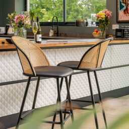 Set Of 2 Boho PE Rattan Bar Stool Bar Chairs With PU Or Boucle Upholstery, Black - thumbnail 5