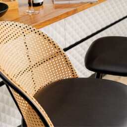 Set Of 2 Boho PE Rattan Bar Stool Bar Chairs With PU Or Boucle Upholstery, Black - thumbnail 9