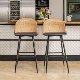 Set Of 2 Boho PE Rattan Bar Stool Bar Chairs With PU Or Boucle Upholstery, Black - thumbnail 6