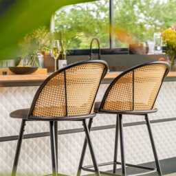 Set Of 2 Boho PE Rattan Bar Stool Bar Chairs With PU Or Boucle Upholstery, Black - thumbnail 7