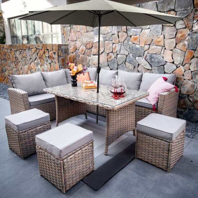 Rosen 9 Seater Rattan Corner Sofa Dining Table With Parasol Hole Set Nature Or Grey, Natural / With Rain Cover and Parasol and base