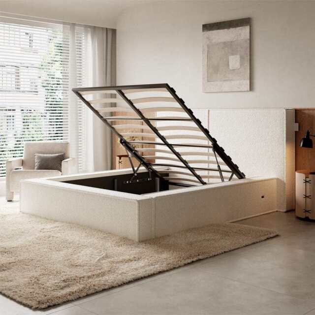 Tessa Boucle Teddy Fleece Pneumatic Bed King Bed Double Bed Frame With USB charger, Double / Beige Boucle