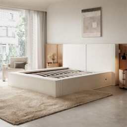 Tessa Boucle Teddy Fleece Pneumatic Bed King Bed Double Bed Frame With USB charger, Double / Beige Boucle - thumbnail 2