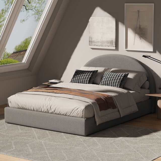 Marshmuff Linen Bed Frame With Curved Headboard King Bed or Double Bed, Double Size Frame / Grey - image 1