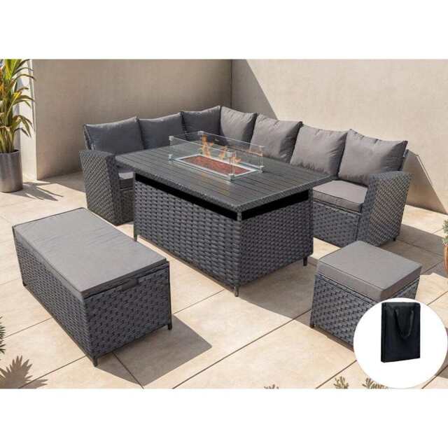Rosen 9 Seater Rattan Garden Furniture Corner Sofa Set With Aluminum Fire Pit Dining Table And Storage Box, Left Facing / Black / With Rain Cover - image 1