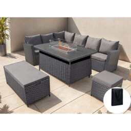 Rosen 9 Seater Rattan Garden Furniture Corner Sofa Set With Aluminum Fire Pit Dining Table And Storage Box, Left Facing / Black / With Rain Cover - thumbnail 1