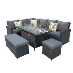 Rosen 9 Seater Rattan Garden Furniture Corner Sofa Set With Aluminum Fire Pit Dining Table And Storage Box, Left Facing / Black / With Rain Cover - thumbnail 6