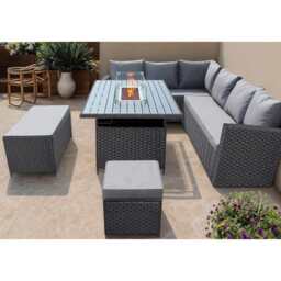 Rosen 9 Seater Rattan Garden Furniture Corner Sofa Set With Aluminum Fire Pit Dining Table And Storage Box, Left Facing / Black / With Rain Cover - thumbnail 3