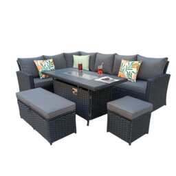 Rosen 9 Seater Rattan Garden Furniture Corner Sofa Set With Aluminum Fire Pit Dining Table And Storage Box, Left Facing / Black / With Rain Cover - thumbnail 4