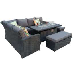 Rosen 9 Seater Rattan Garden Furniture Corner Sofa Set With Aluminum Fire Pit Dining Table And Storage Box, Left Facing / Black / With Rain Cover - thumbnail 5