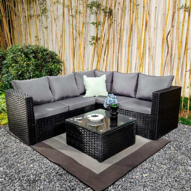 Vancouver 5 Seater Rattan Corner Sofa Patio Set Garden Sofa Set In Black, With Rain Cover