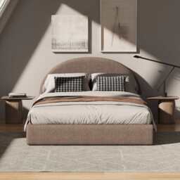 Marshmuff Soft Frame Boucle Bed Frame With Curved Headboard King Bed or Double Bed, King Size Frame / Brown