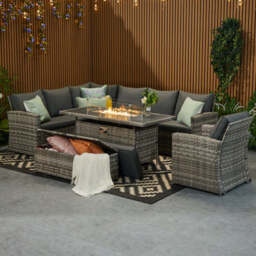 Rosen 9 Seater Rattan Corner Sofa Set With Aluminium Fire-pit Dining Table and Storage Box, Grey / Without Rain Cover