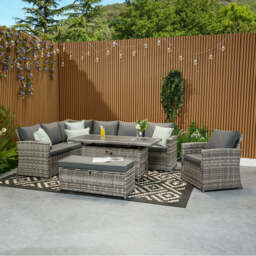 Rosen 9 Seater Rattan Corner Sofa Set With Aluminium Fire-pit Dining Table and Storage Box, Grey / Without Rain Cover - thumbnail 6