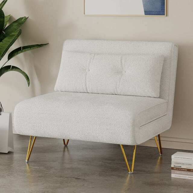 Jola White Boucle Foldable Sofa Bed With Metal Legs And Pillow, Single