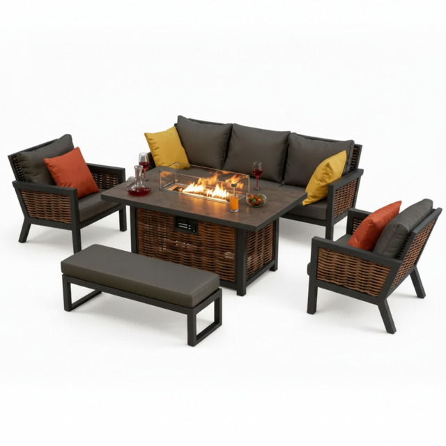 Berlin 7‑Seater Aluminium Outdoor Garden Sofa Set with Fire Pit Table and Bench - image 1