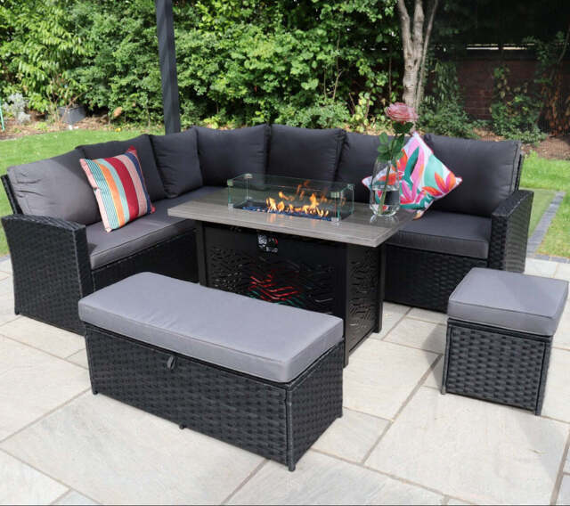Sale Barcelona Outdoor Rattan 9-Seater Corner Dining Set With Metal Fire Pit Table, With Raincover