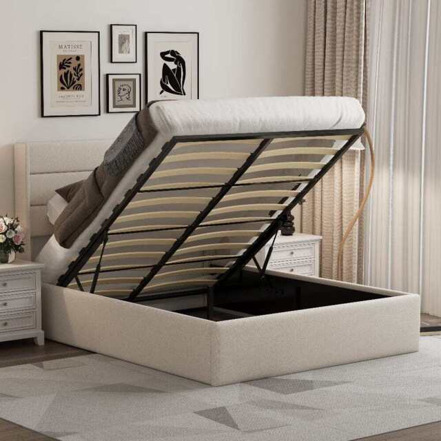 Ease Ottoman Storage Linen Pneumatic Lift Up Bed Frame Double or King Bed, King / Beige