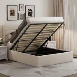 Ease Ottoman Storage Linen Pneumatic Lift Up Bed Frame Double or King Bed, King / Beige
