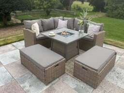 Rosen 9‑Seater Natural Rattan Corner Sofa Fire Pit Dining Set with Storage Benches & Rain Cover, Without Rain Cover