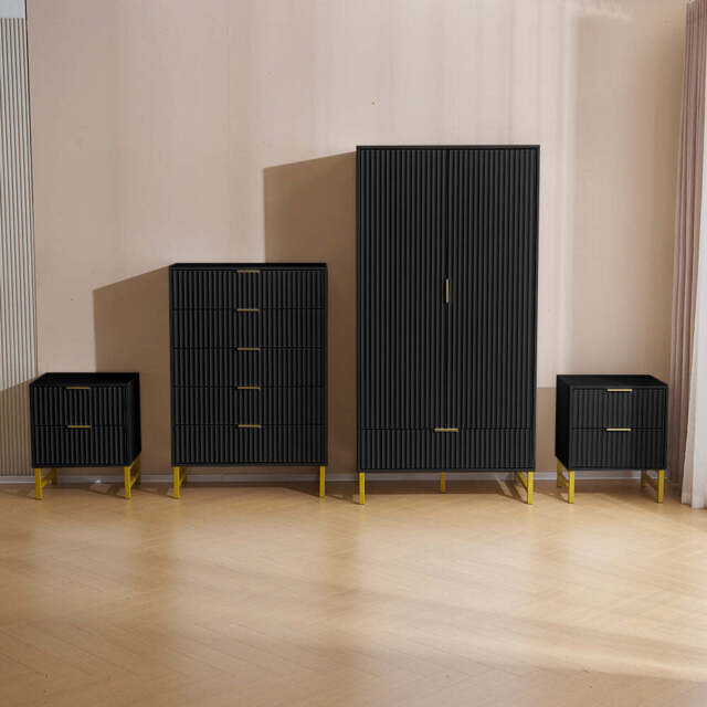 Mercury Ridged 4 Piece  Bedroom Furniture Set Wardrobe Bedside Set, Black - image 1