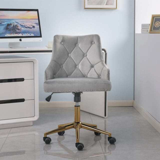Avers Channel Tufted Velvet Office Chair with Gold Legs, Grey