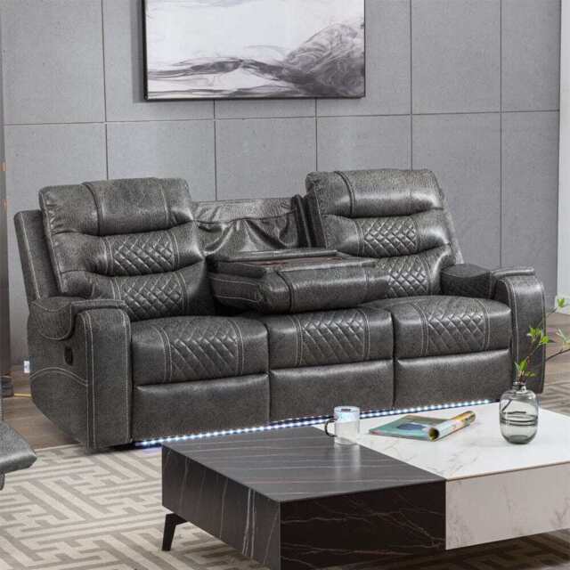 Grey PU Leather Manual Recliner Functional 2 Seater Sofa/3 Seater Sofa / Armchair Set, 3 Seater